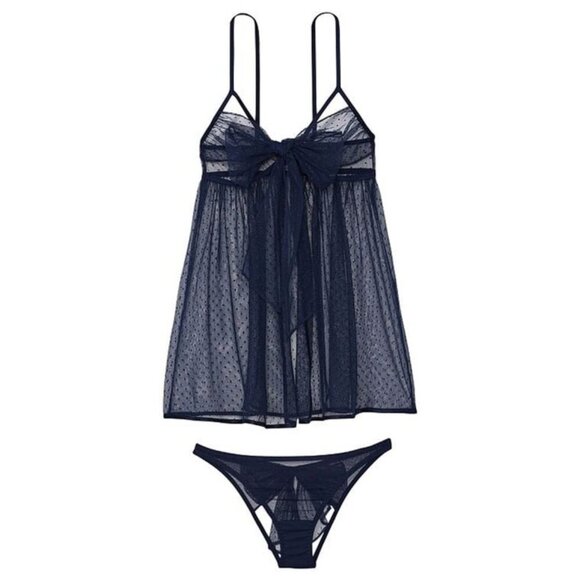 New! SET Victoria’s Secret navy Blue Sheer Dotted Mesh Babydoll Set 4129 - Picture 1 of 9